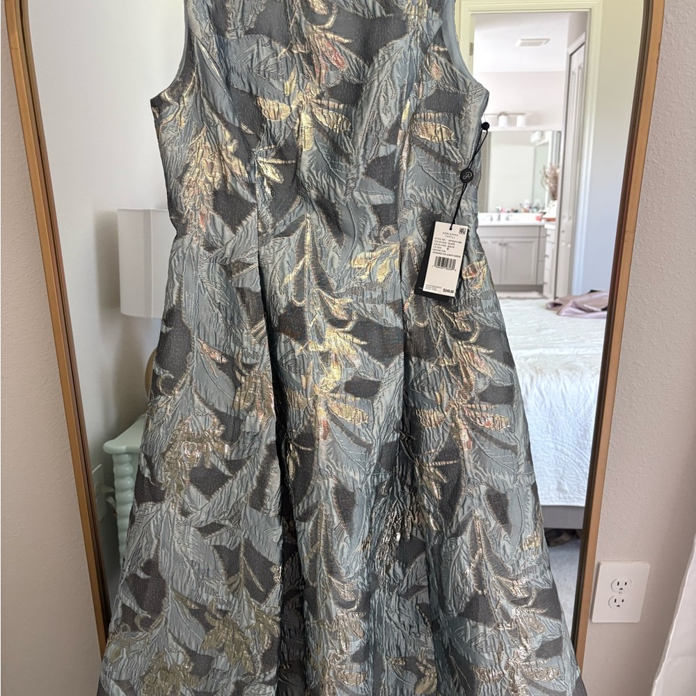 Adrianna Papell Slate Jacquard Tea-Length Dress with Gold Leaf Accents